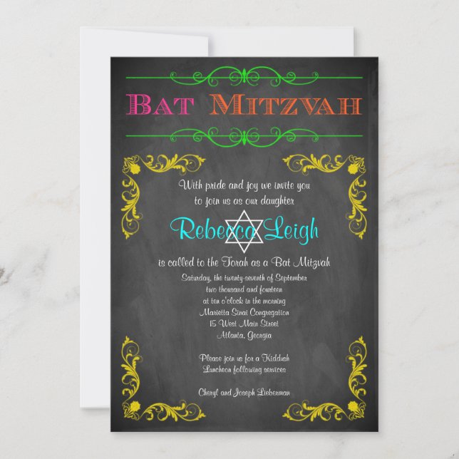 Bat Mitzvah Invitation | Neon Chalkboard (Front)