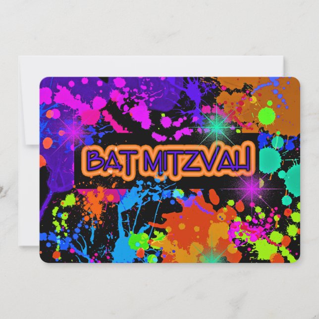 Bat Mitzvah Invitation, Neon Paint Splatter Invitation (Front)