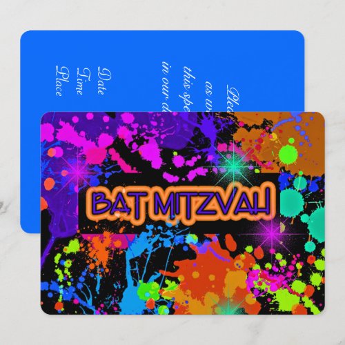 Bat Mitzvah Invitation Neon Paint Splatter