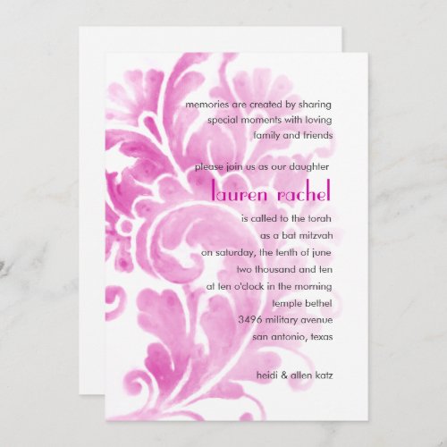 Bat Mitzvah Invitation Pink Plume