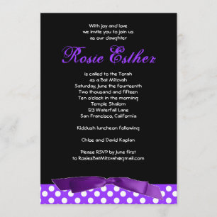 Bat Mitzvah Invitation Rosie Purple Bow Black