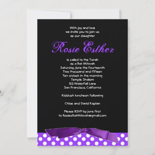 Bat Mitzvah Invitation Rosie Purple Bow Black