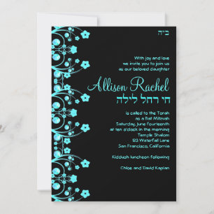 Bat Mitzvah Invitations Allison Flowers Black/Blue