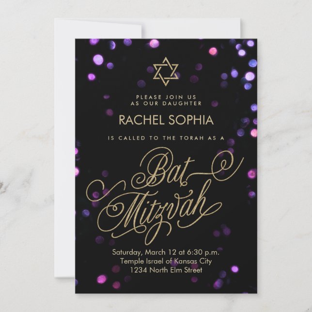 Bat Mitzvah Invitations | Elegant Purple & Gold (Front)