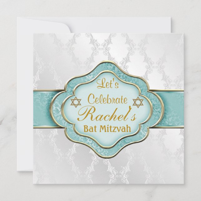 Bat Mitzvah Invitations MINT GREEN ELEGANT Damask (Front)