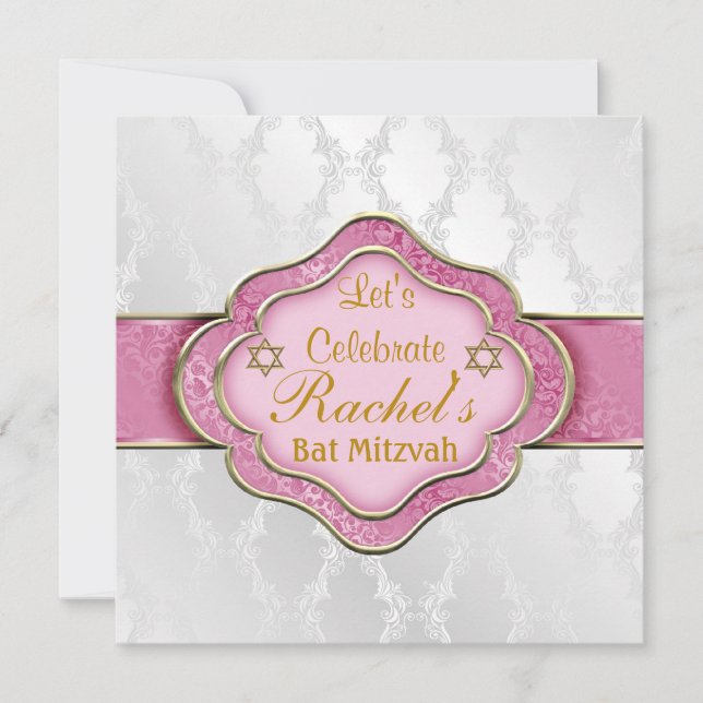 Bat Mitzvah INVITATIONS PINK WHITE ELEGANT Damask (Front)