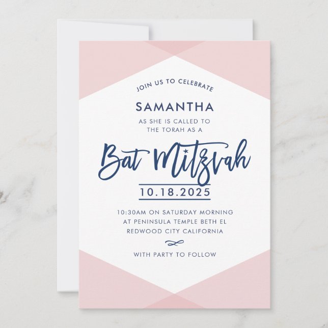 BAT MITZVAH INVITE hand lettered navy pale pink (Front)