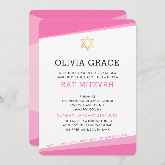 BAT MITZVAH INVITE simple modern angles pink (Front/Back)