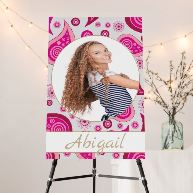 Bat Mitzvah Jewish Pink Paisley Modern Photo  Foam Board (In Situ (Stand))