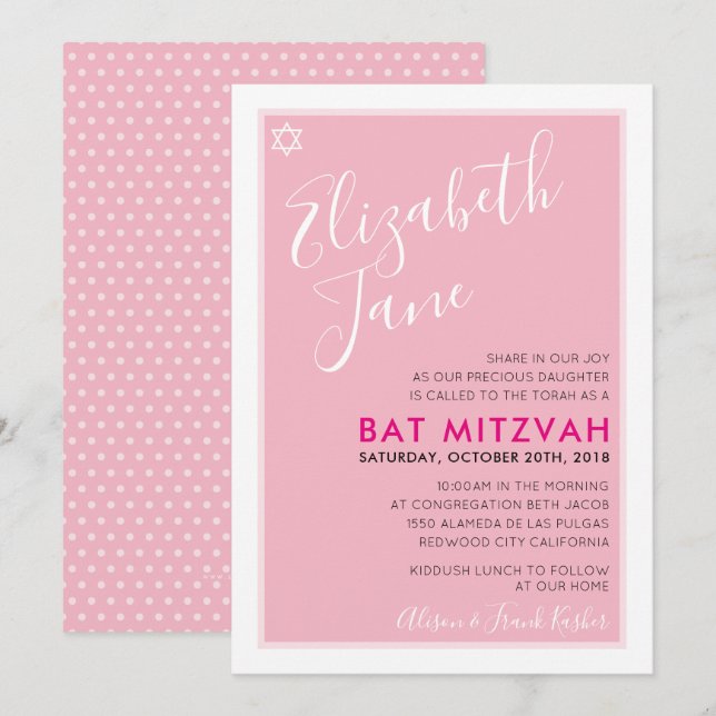 BAT MITZVAH jewish star stylish tween pink invite (Front/Back)