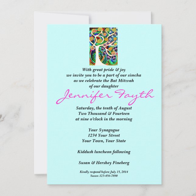 Bat Mitzvah - Judaica Hamsa Ivory Tree Of Life Invitation (Front)