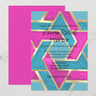 Bat Mitzvah Layered Stars of David Turquoise Pink  Invitation