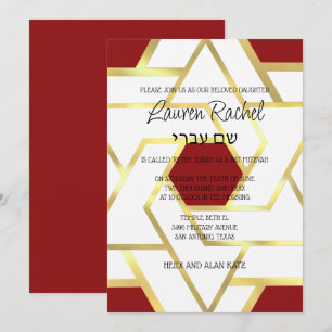 Bat Mitzvah Layered Stars of David White & Any Hue Invitation
