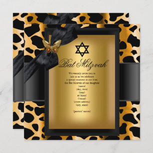 Bat Mitzvah Leopard Gold Black Butterfly Invitation