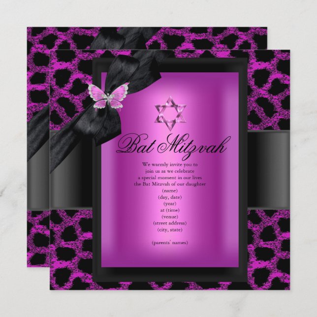 Bat Mitzvah Leopard Pink Butterfly Invitation (Front/Back)