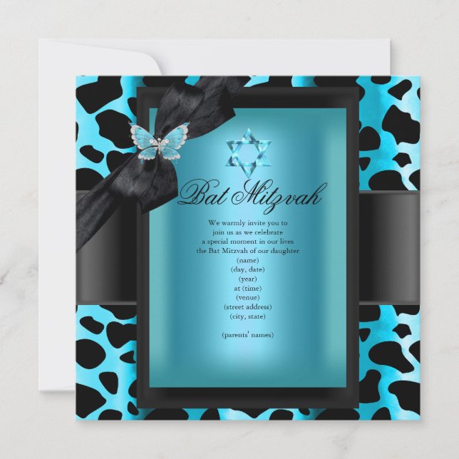 Bat Mitzvah Leopard Teal Blue Butterfly Invitation (Front)