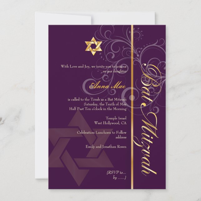 Bat Mitzvah/lilac/plum/gold/diy background color Invitation (Front)