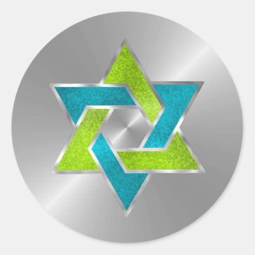 Bat Mitzvah Lime Turquoise Star of David Silver Classic Round Sticker