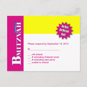 Bat Mitzvah Magaine RSVP Reply Card Yellow Pink