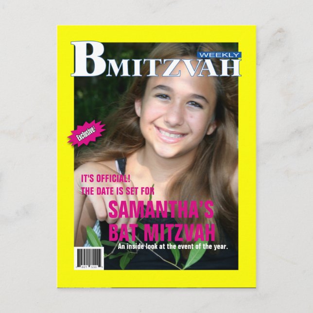 Bat Mitzvah Magazine Save the Date Yellow Pink Announcement Postcard (Front)