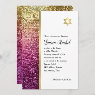 Bat Mitzvah Magenta Pink and Gold Glittery Invitation