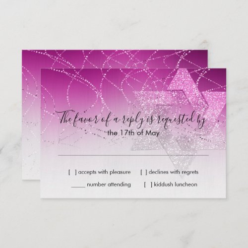 Bat Mitzvah Magenta Pink Star Glittery RSVP Card