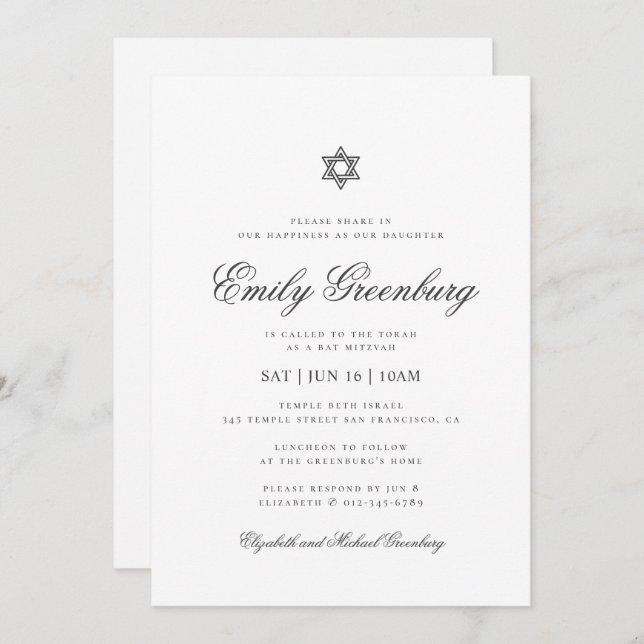 Bat Mitzvah Minimalist Simple Classic Invitation (Front/Back)