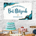 Bat Mitzvah Modern Agate Gold Turquoise Script Banner<br><div class="desc">Be proud, rejoice and showcase this milestone of your favorite Bat Mitzvah! Hang up this cool, unique, modern, personalized banner to add to her special day. Dark teal blue script typography and a faux gold Star of David overlay a simple, clean white background with turquoise blue agate rocks accented with...</div>