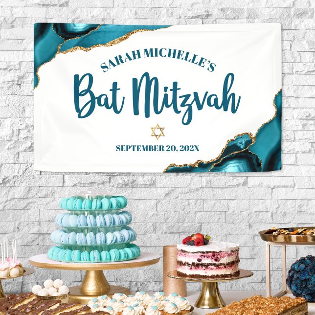 Bat Mitzvah Modern Agate Gold Turquoise Script Banner (Creator Uploaded)