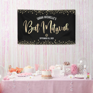 Bat Mitzvah Modern Black Gold Foil Glitter Script Banner