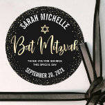 Bat Mitzvah Modern Black Gold Foil Glitter Script Classic Round Sticker<br><div class="desc">Be proud, rejoice and celebrate this milestone of your favorite Bat Mitzvah whenever you use this sophisticated, personalized sticker! Sparkly gold faux foil handwritten script, a Star of David and tiny confetti glitter dots, with bold, white sans serif typography, overlay a sophisticated, dramatic black background. Personalize the custom text with...</div>