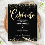 Bat Mitzvah Modern Black Gold Foil Glitter Script Enclosure Card<br><div class="desc">Be proud, rejoice and showcase this milestone of your favorite Bat Mitzvah! Include this stunning, modern, personalized insert for additional information to your event. Graphic faux gold foil calligraphy script, Star of David, and confetti, overlay a rich, dramatic, black background. Personalize the custom text with your Bat Mitzvah’s name, date,...</div>