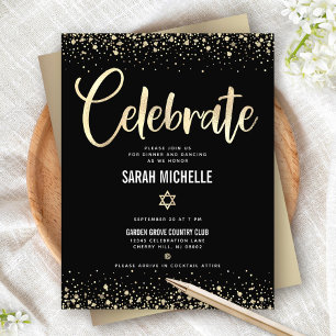 Bat Mitzvah Modern Black Gold Foil Glitter Script Enclosure Card
