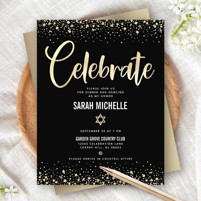 Bat Mitzvah Modern Black Gold Foil Glitter Script Enclosure Card (Creator Uploaded)