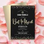 Bat Mitzvah Modern Black Gold Glitter Foil Script  Invitation<br><div class="desc">Be proud, rejoice and showcase this milestone of your favorite Bat Mitzvah! Send out this stunning, modern, sophisticated, personalized invitation for an event to remember. Graphic faux gold foil calligraphy script, Star of David, and confetti, overlay a rich, dramatic, black background. A faux gold Star of David overlays a faux...</div>