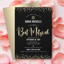 Bat Mitzvah Modern Black Gold Glitter Foil Script Invitation