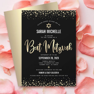 Bat Mitzvah Modern Black Gold Glitter Foil Script  Invitation
