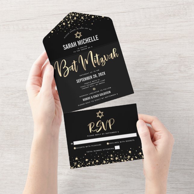 Bat Mitzvah Modern Black Gold Glitter Script Bold All In One Invitation (Tearaway)