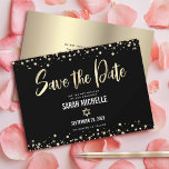 Bat Mitzvah Modern Black Gold Glitter Script Bold Save The Date<br><div class="desc">Make sure all your friends and relatives will be able to celebrate your daughter’s milestone Bat Mitzvah! Send out this stunning, modern, “Save the Date” announcement card. Graphic faux gold foil calligraphy script, Star of David, and confetti, overlay a rich, dramatic, black background. Your custom message overlays a faux gold...</div>