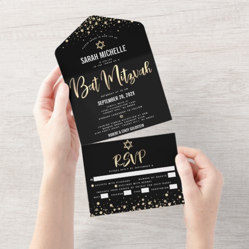 Bat Mitzvah Modern Black Gold Glitter Script Party
