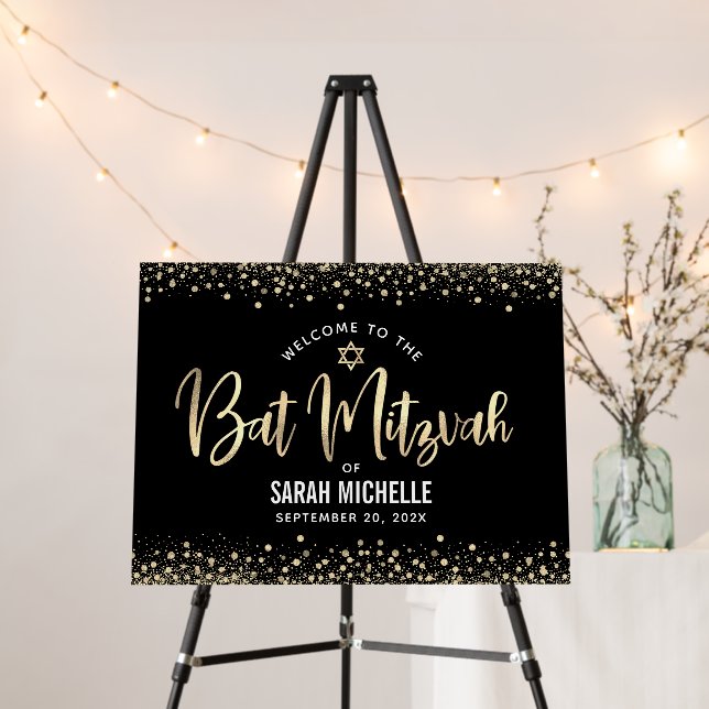 Bat Mitzvah Modern Black Gold Script Glam Welcome Foam Board (In Situ (Stand))