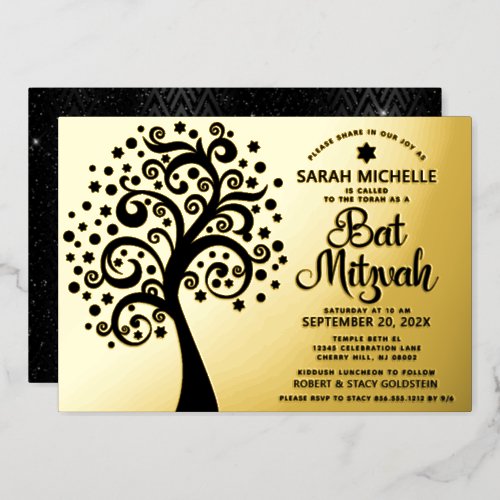 Bat Mitzvah Modern Black Tree of Life Script Gold Foil Invitation