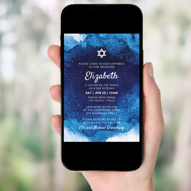 Bat Mitzvah Modern Blue Watercolor Invitation (Front Digital)