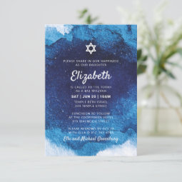 Bat Mitzvah Modern Blue Watercolor Invitation | Zazzle