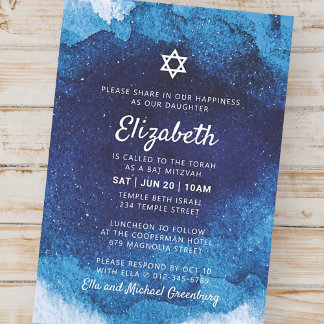 Bat Mitzvah Modern Blue Watercolor Invitation