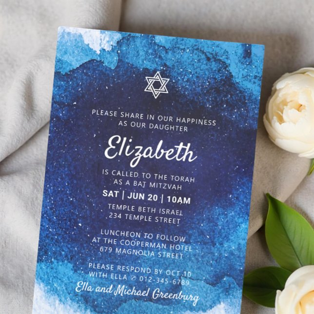 Bat Mitzvah Modern Blue Watercolor Invitation (Creator Uploaded)