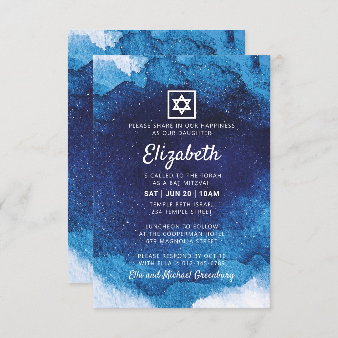 Bat Mitzvah Modern Blue Watercolor Invitation | Zazzle