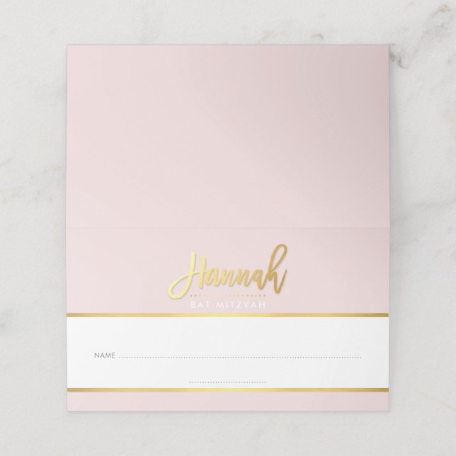 BAT MITZVAH modern blush pink gold name HANNAH Place Card (Outside Unfolded)