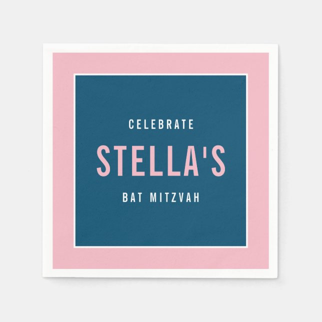 BAT MITZVAH modern bold block dark blue pink Napkins (Front)