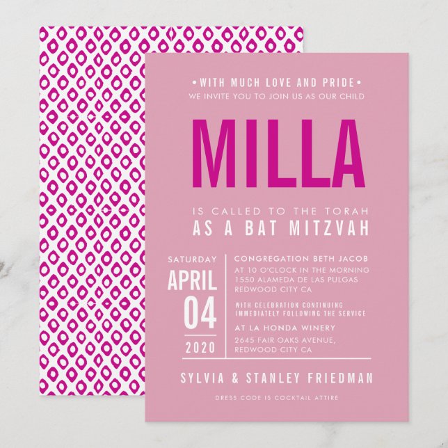 BAT MITZVAH modern bold block type pretty pink Invitation (Front/Back)